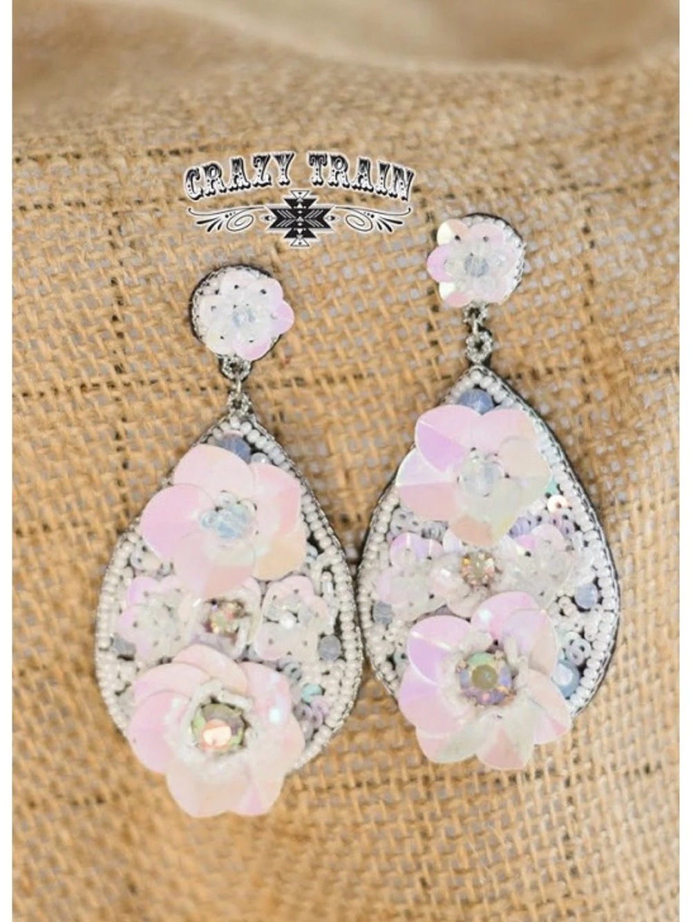 Crazy Train Iridescent Pink Floral Sequin Drop Earrings